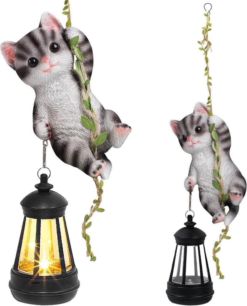 ZaaYee Solar Hanging Cat Statue, Outdoor Resin Black Cat Figurine with LED Lights, Kitty Animal Ornament for Garden, Fence, Porch, Patio, Yard Decor, Dusk to Dawn Auto On/Off - Image 1